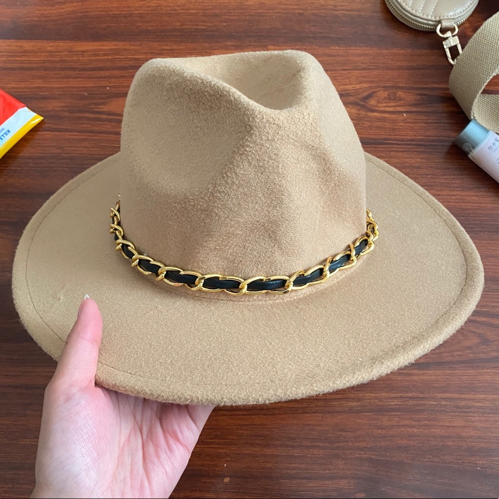Tan fedora felt hat with black gold chain